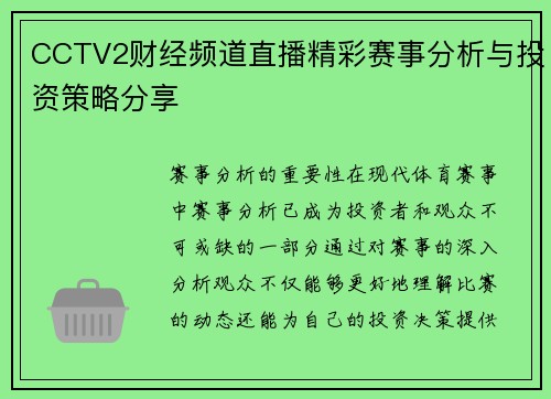 CCTV2财经频道直播精彩赛事分析与投资策略分享