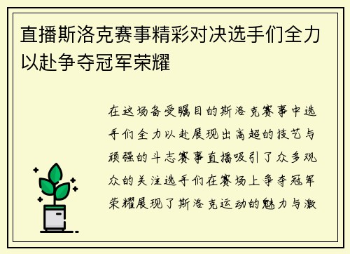 直播斯洛克赛事精彩对决选手们全力以赴争夺冠军荣耀